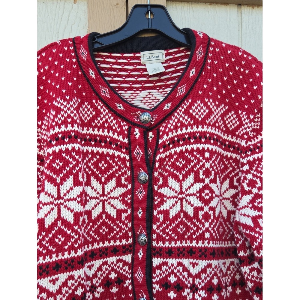 Vintage L.L.Bean Nordic Fair Isle Red Cotton Cardigan Sweater Large Ski Granny - Picture 3 of 6